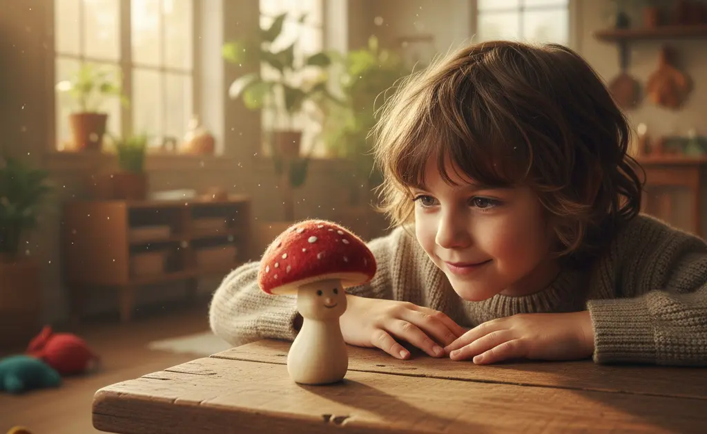 A vibrant, sunlit image showcasing a child playfully interacting with a small, whimsical representation of a mushroom, symbolizing the exploration of cordyceps mushroom for kids.