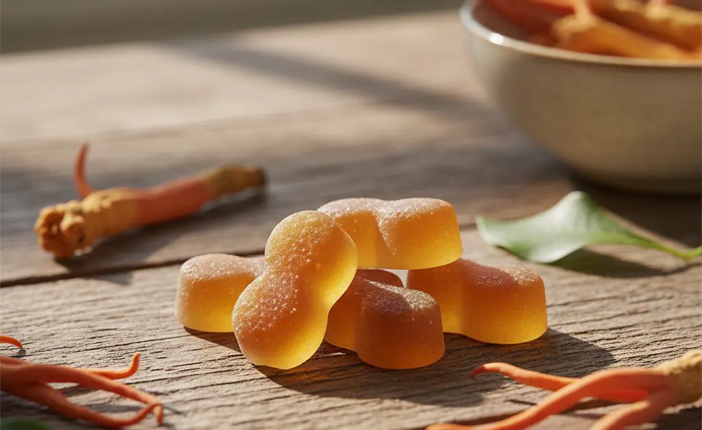 A close-up, editorial shot showcasing a few cordyceps mushroom gummies alongside fresh cordyceps mushrooms, illustrating the potential cordyceps mushroom gummies benefits for wellness.