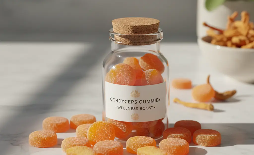 A bright, aesthetically pleasing arrangement of delicious cordyceps mushroom gummies showcasing their vibrant colors.