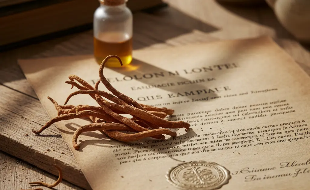 A visually appealing arrangement of dried cordyceps mushrooms beside a legal document, signifying the topic of whether cordyceps mushroom legal.
