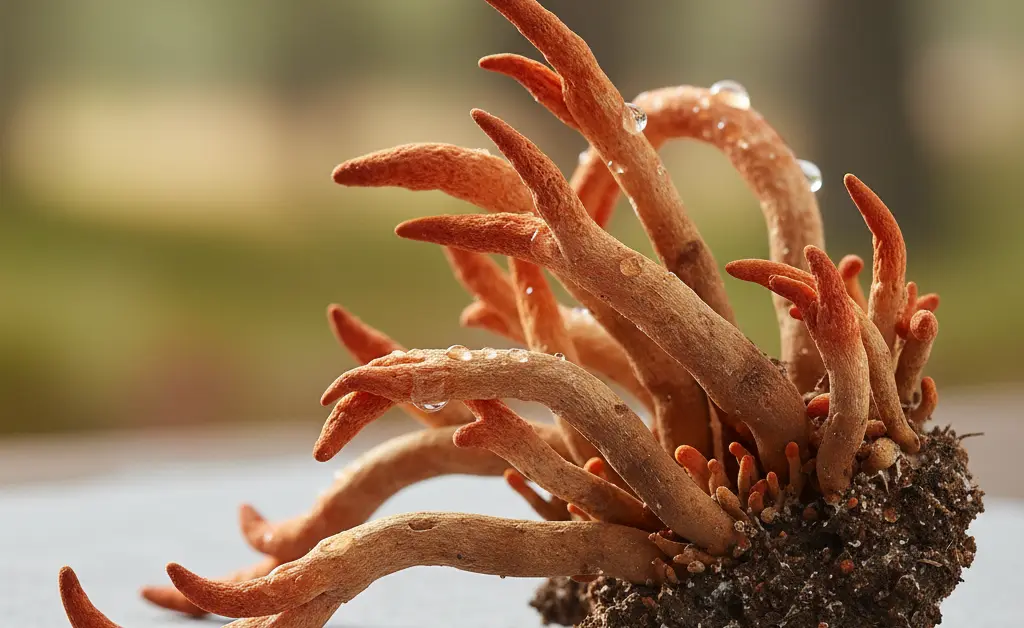 A close-up, vibrant macro photograph showcasing the intricate texture and rich earthy tones of a cordyceps mushroom, subtly hinting at its connection to liver health through a soft, diffused studio lighting.