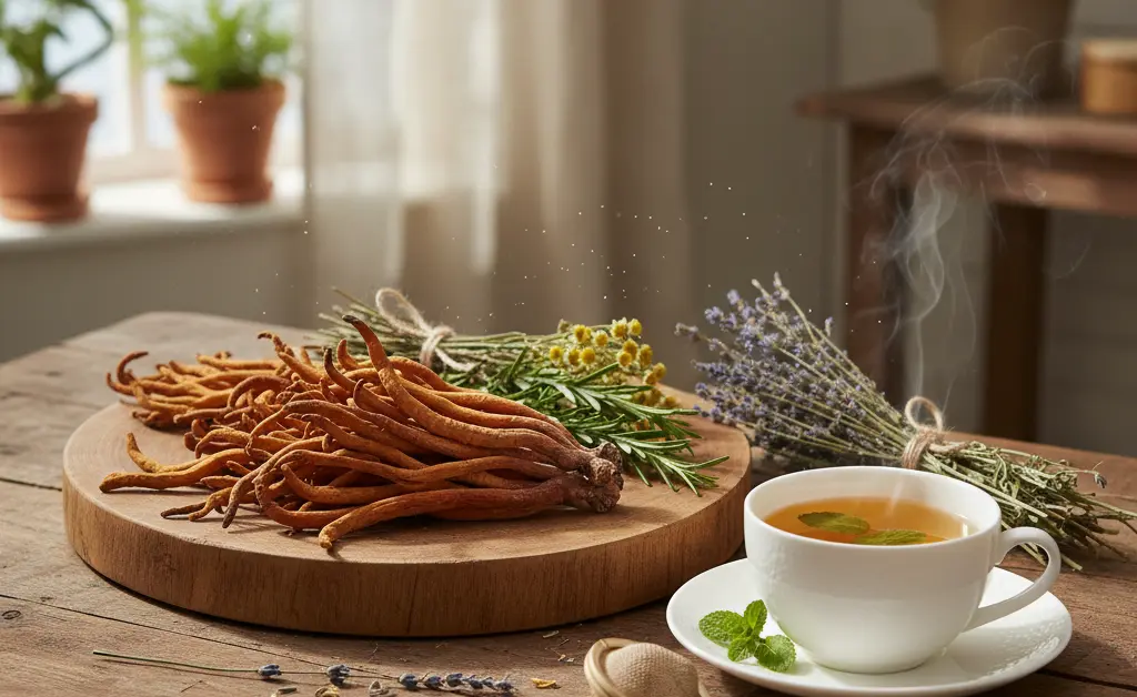 A balanced and calming visual depicting the supportive properties of cordyceps mushroom menopause.