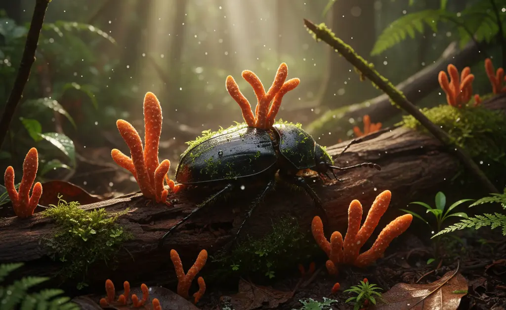 A close-up, macro photograph showcases the unique texture and color variations found in the cordyceps mushroom origin, emphasizing its natural habitat.