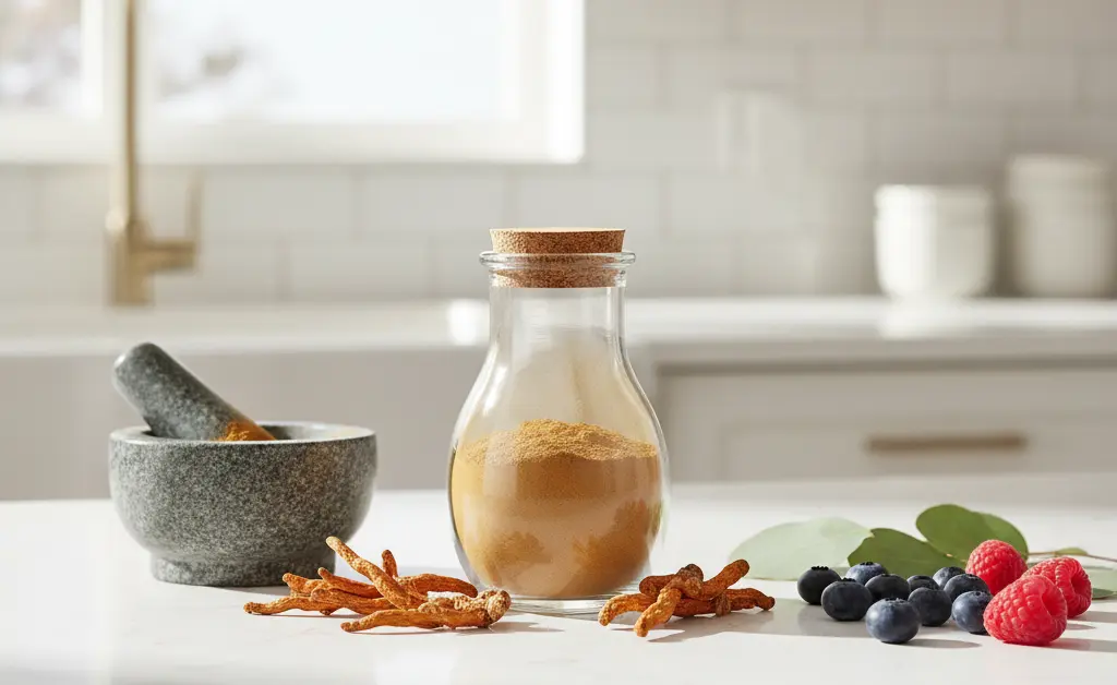 A visually appealing flat lay showcasing the diverse cordyceps mushroom powder benefits with organic ingredients.