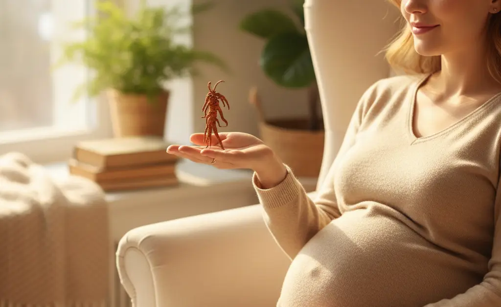 A gentle, naturally lit scene depicting a pregnant woman thoughtfully examining a small, dried cordyceps mushroom alongside a glass of water, symbolizing cautious consideration of cordyceps mushroom pregnancy.