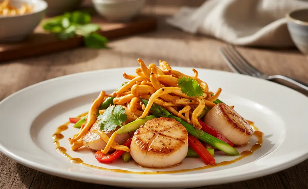A beautifully plated gourmet dish showcasing the earthy tones and unique texture of a cordyceps mushroom recipe, presented on a rustic wooden table.