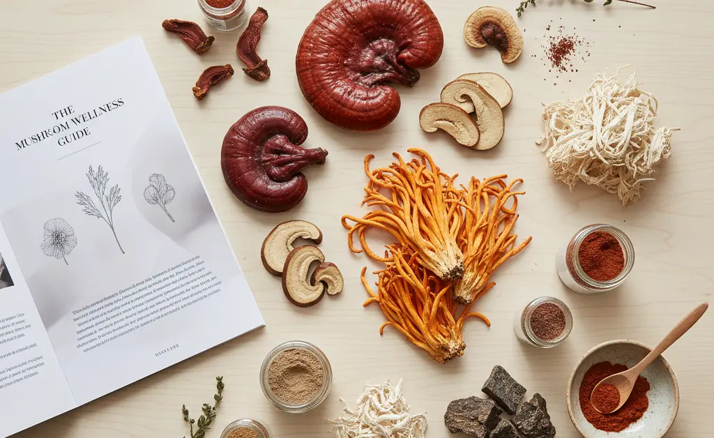 A visually appealing flat lay arrangement showcasing various medicinal mushrooms, including cordyceps, with an open informational booklet, symbolizing a comprehensive guide to cordyceps mushroom side effects.