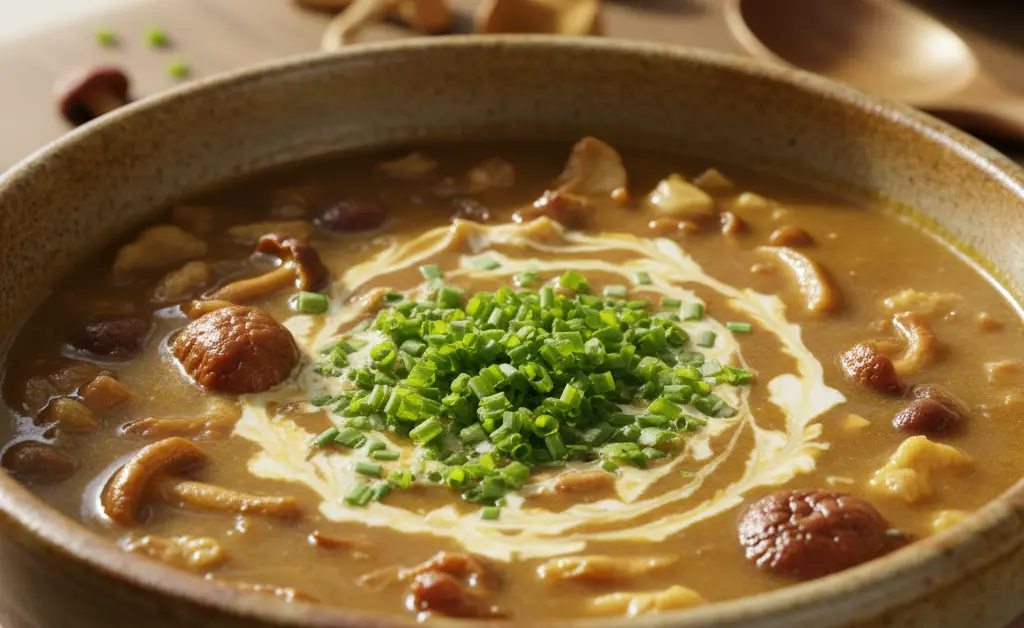 A steaming bowl of rich cordyceps mushroom soup, garnished with fresh herbs, perfect for wellness.