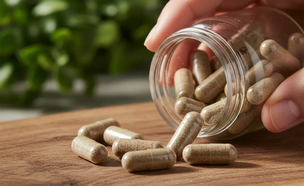 A close-up, high-angle view of a hand holding a small, open bottle of cordyceps mushroom supplement capsules, with a few loose capsules scattered on a blurred background of natural wood and subtle greenery, illustrating the cordyceps mushroom supplement benefits.