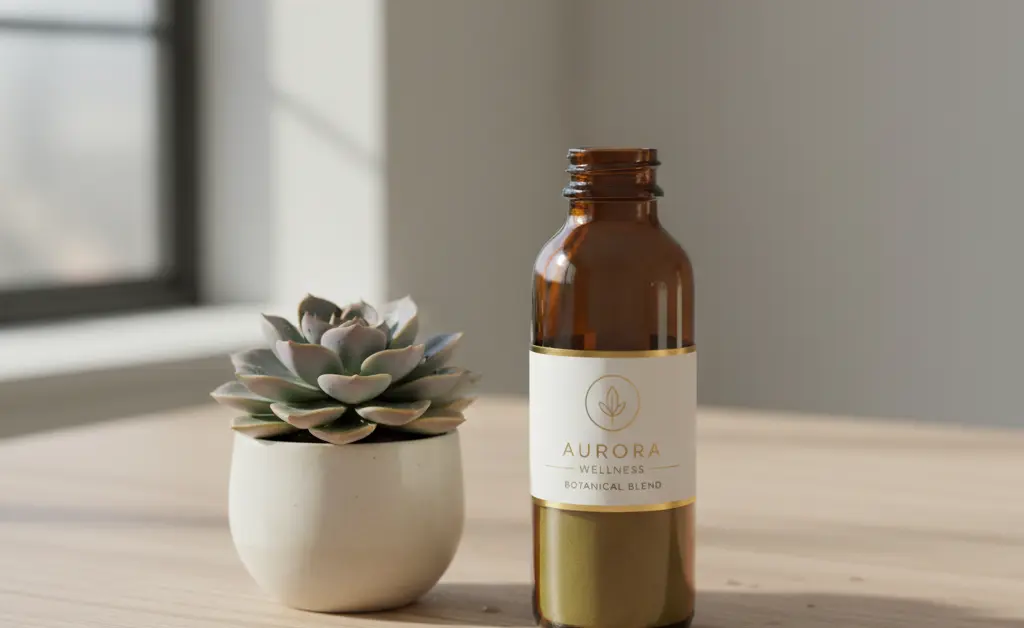 A clean, minimalist setup featuring a glass bottle of cordyceps mushroom supplement next to a small, vibrant green plant on a light wooden surface, evoking natural wellness.