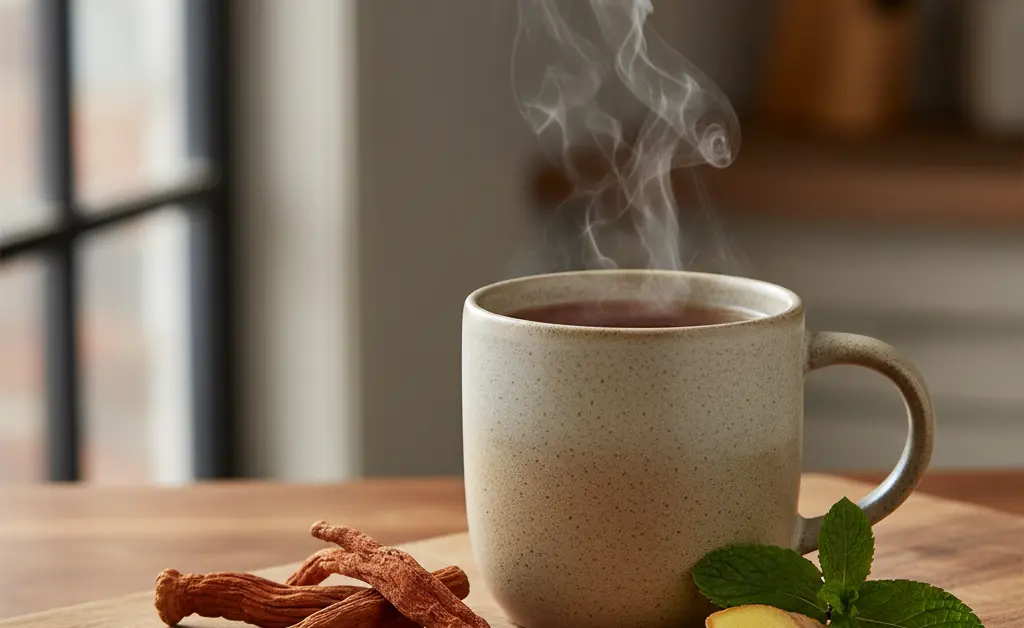 A warm, inviting cup of cordyceps mushroom tea sits on a rustic wooden table, surrounded by dried cordyceps mushrooms and natural elements, illustrating the many cordyceps mushroom tea benefits.