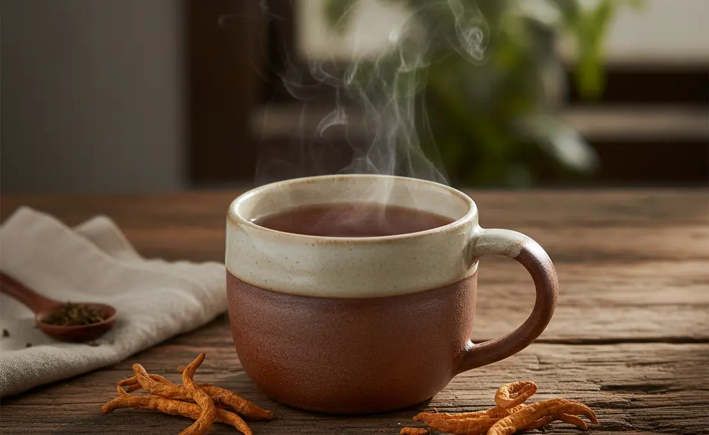 A steaming mug of cordyceps mushroom tea sits on a rustic wooden table, surrounded by dried cordyceps mushrooms.