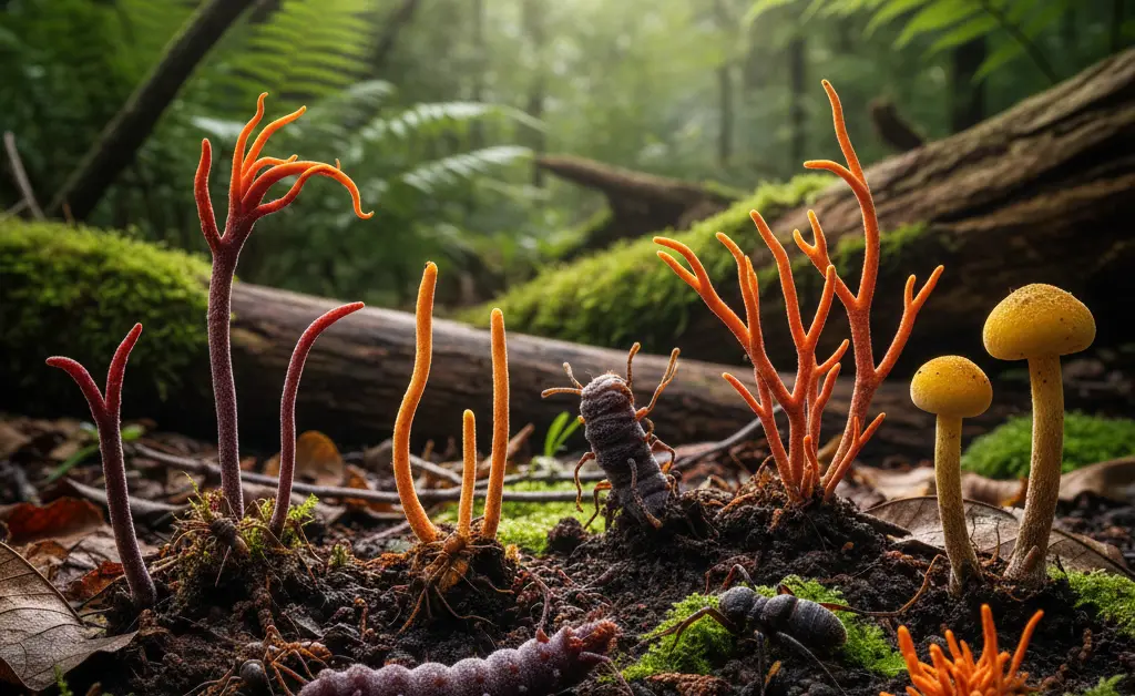A visually stunning display showcasing various cordyceps mushroom types in their natural habitat, highlighting their diverse forms and classifications.