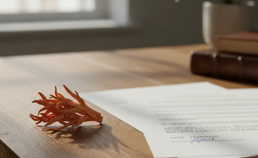 A balanced, close-up shot of dried cordyceps mushrooms and relevant legal documents, subtly illustrating the complex cordyceps mushroom uk law.