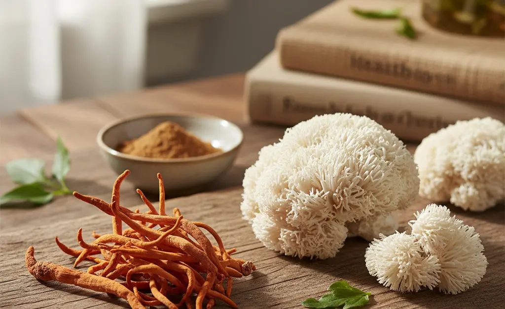 A visually engaging scene comparing the distinct appearances of cordyceps mushroom vs lion's mane, set against a soft, natural background.