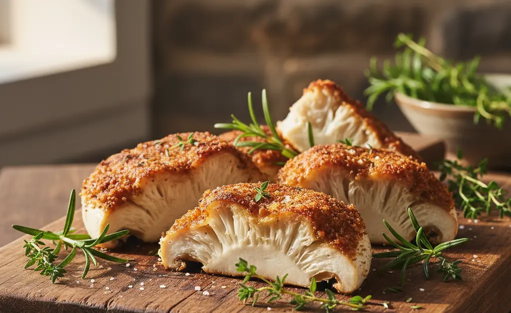 A beautifully plated dish showcasing how to cook lion's mane mushroom, with golden-brown pan-seared slices and fresh herbs.