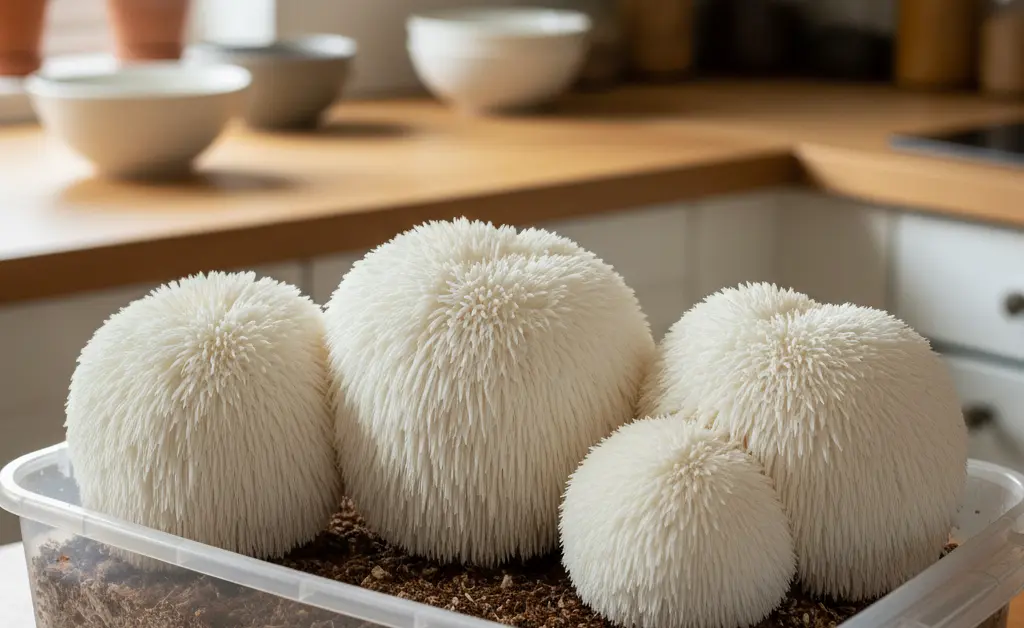 A close-up, photorealistic image showcasing the successful cultivation process of how to grow lion's mane mushroom, with delicate white tendrils emerging from a substrate.