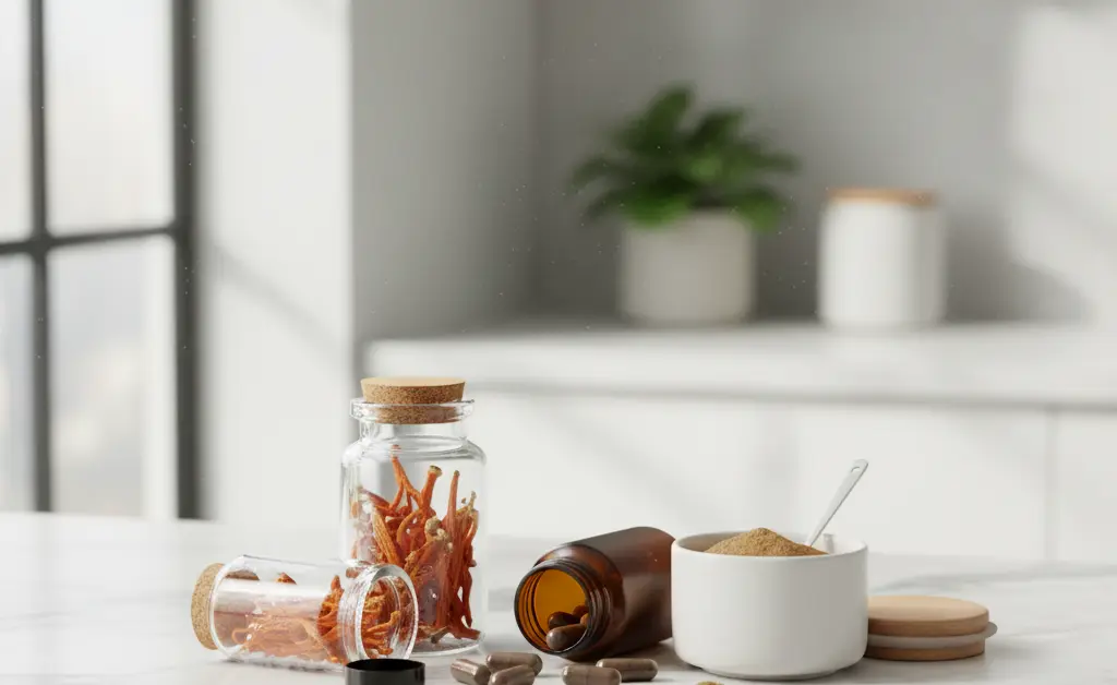 A visually appealing display of different forms of cordyceps supplements, illustrating how to take cordyceps mushroom as part of a healthy lifestyle.