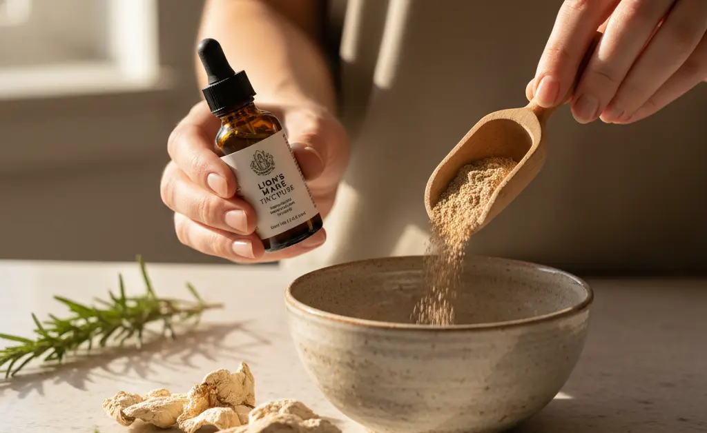 A person thoughtfully considering different forms of lion's mane mushroom, illustrating how to take lion's mane mushroom for wellness.