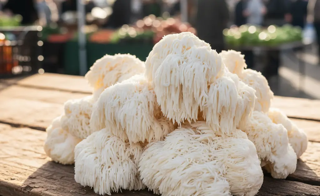 A vibrant display of fresh lion's mane mushroom adelaide at a local farmers market.