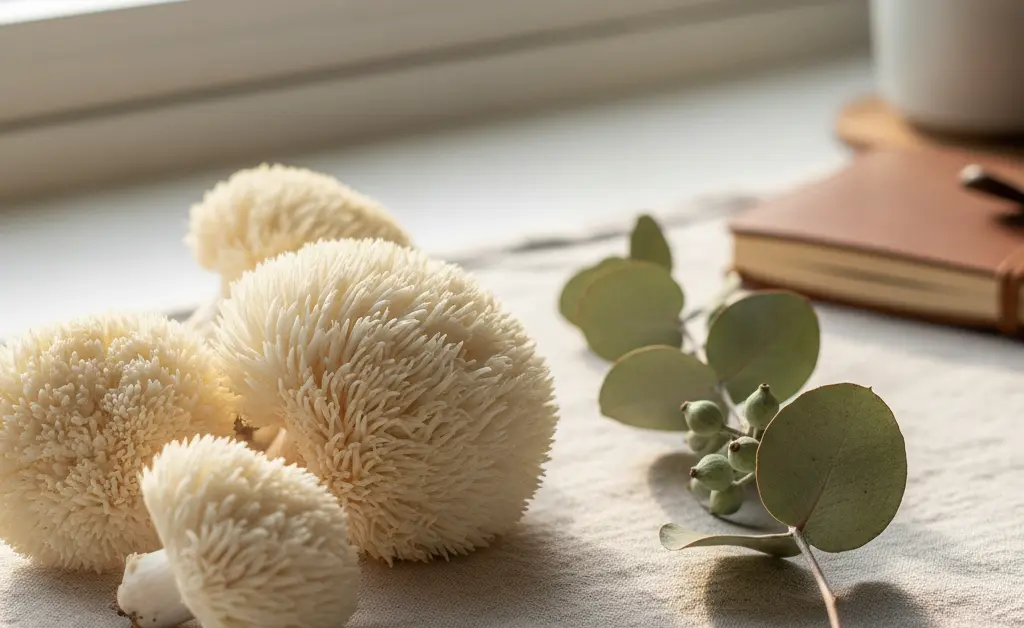 A gentle and soft-focus scene showcasing the potential of lion's mane mushroom and pregnancy research.