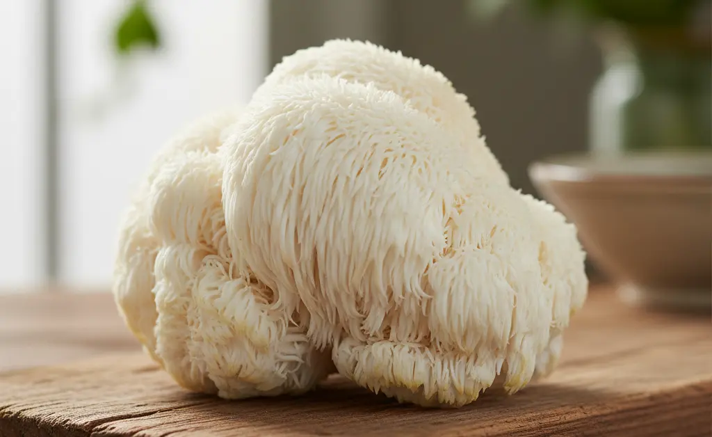 A close-up, photorealistic image showcasing the intricate texture of a fresh lion's mane mushroom, subtly hinting at the many lion's mane mushroom benefits for men.