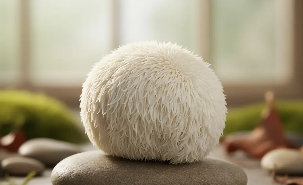 A close-up, photorealistic shot showcasing the delicate gills of a lion's mane mushroom, with a soft, diffused natural light highlighting its texture and form, evoking a sense of natural purity and the potential for lion's mane mushroom benefits for skin.