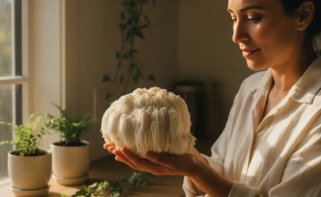 A woman thoughtfully examines a fresh lion's mane mushroom, symbolizing the exploration of lion's mane mushroom benefits for women.