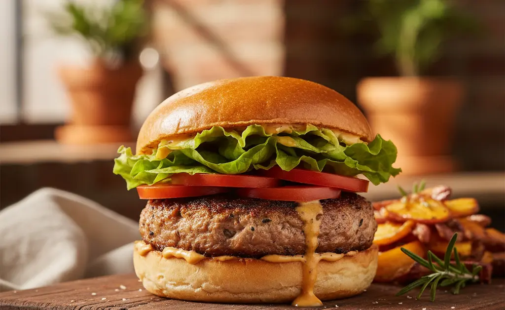 A beautifully prepared lion's mane mushroom burger sits on a rustic wooden board.