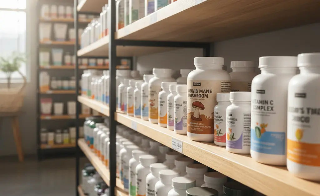 A clean, modern store shelf showcasing bottles of lion's mane mushroom chemist warehouse supplements.