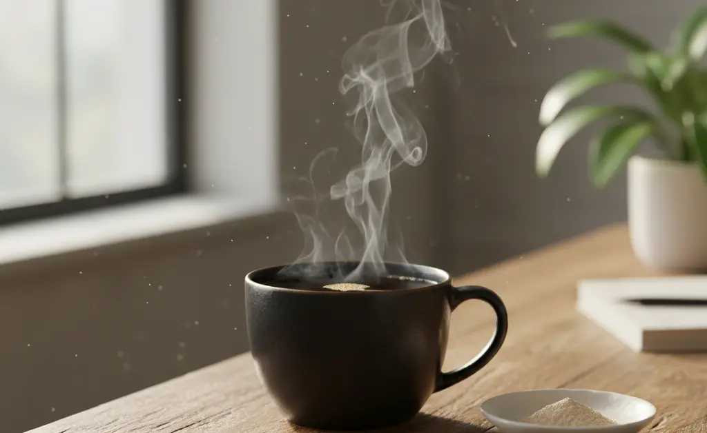A steaming mug of coffee with a delicate garnish of lion's mane mushroom powder on the side, illustrating the lion's mane mushroom coffee benefits.
