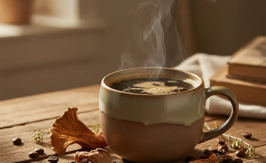 A steaming mug of lion's mane mushroom coffee sits on a rustic wooden table, surrounded by dried mushrooms and coffee beans.