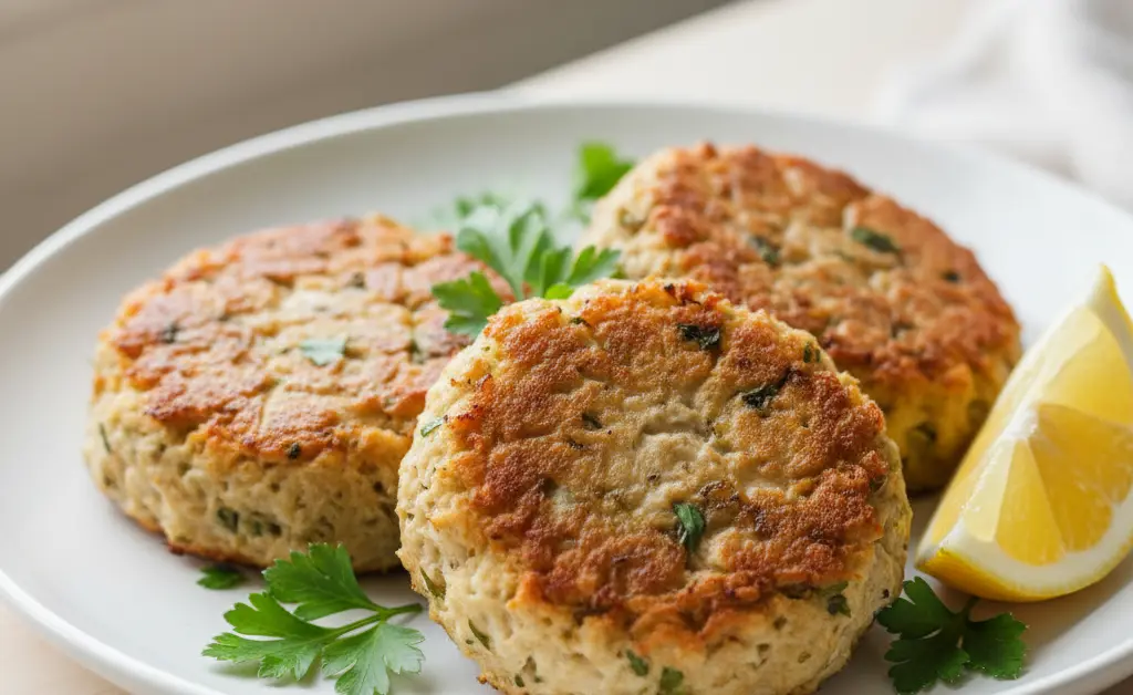 A close-up, overhead shot of perfectly golden-brown lion's mane mushroom crab cakes, artfully arranged on a white ceramic plate, garnished with fresh parsley and a wedge of lemon.