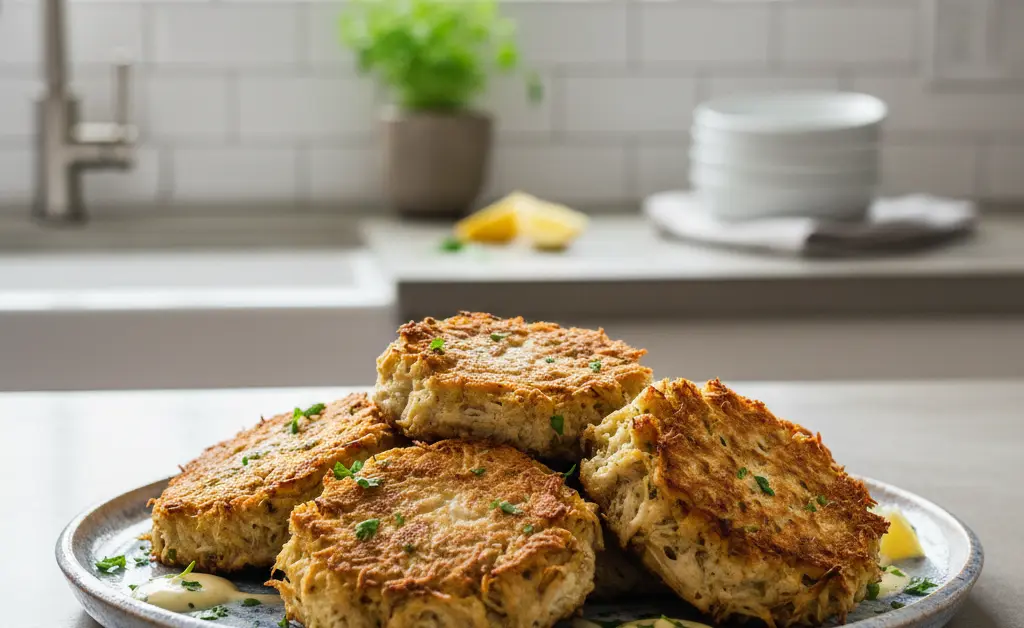 A beautifully plated serving of golden-brown lion's mane mushroom crab cakes, garnished with fresh herbs.