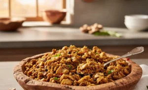 A close-up, overhead shot showcases a rustic wooden bowl filled with perfectly seasoned lion's mane mushroom crumble, ready to be incorporated into a healthy meal.