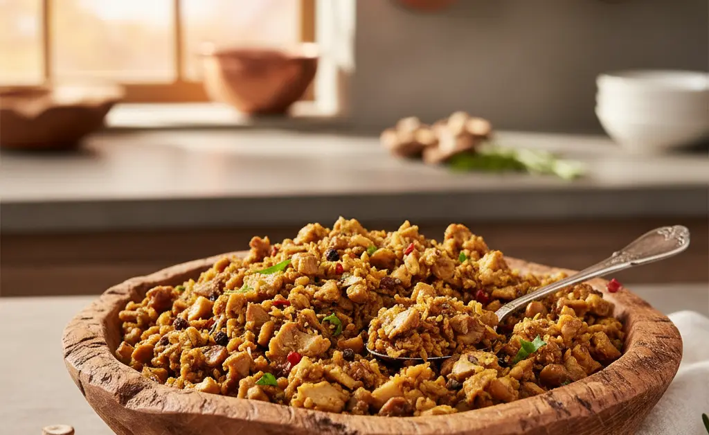 A close-up, overhead shot showcases a rustic wooden bowl filled with perfectly seasoned lion's mane mushroom crumble, ready to be incorporated into a healthy meal.