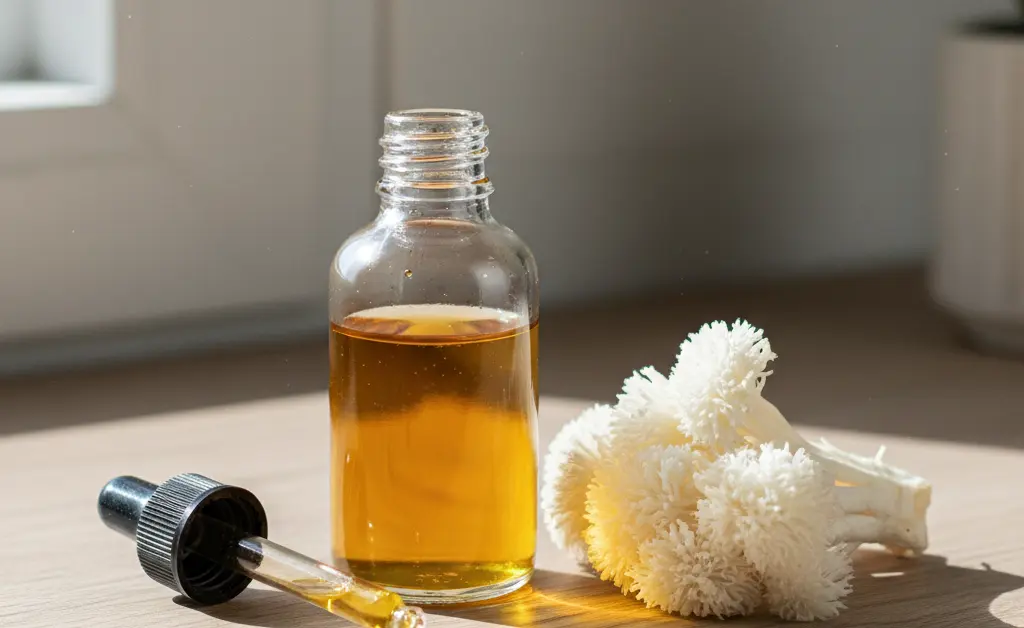 A clear glass dropper bottle sits next to a small pile of fresh lion's mane mushroom drops, on a clean, minimalist wooden surface.