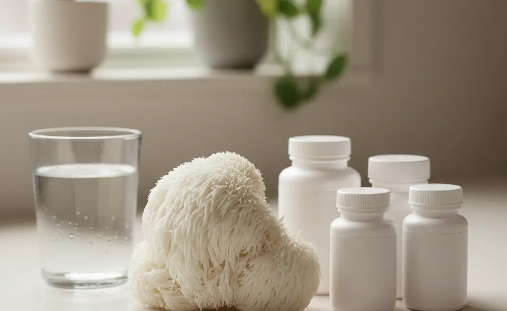 A carefully arranged still life featuring a fresh lion's mane mushroom alongside carefully selected medication bottles to illustrate lion's mane mushroom drug interactions.