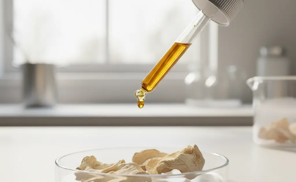 A focused shot showcases the delicate texture and color of lion's mane mushroom extract in a clean, natural setting.