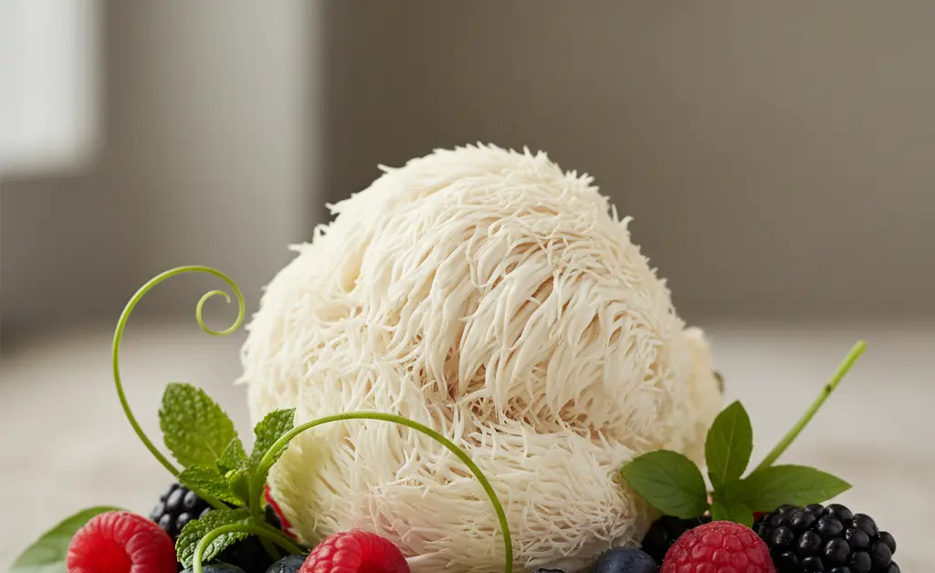 A carefully arranged display showcases the natural beauty of the lion's mane mushroom for fertility, alongside fresh, vibrant fruits and a subtle, calming background.