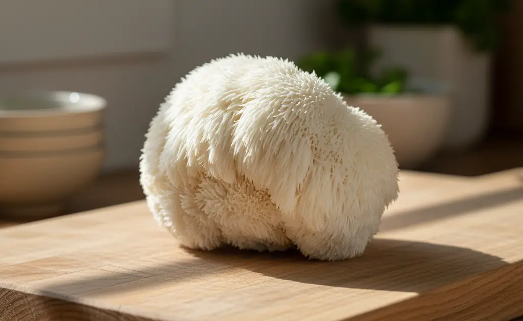 A close-up, photorealistic shot of a whole lion's mane mushroom resting on a clean, light-colored surface, symbolizing the topic of lion's mane mushroom for gut health.