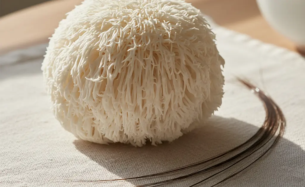 A close-up, artistic shot showcasing the intricate texture of lion's mane mushroom alongside healthy, vibrant hair strands, illustrating the concept of lion's mane mushroom for hair growth.