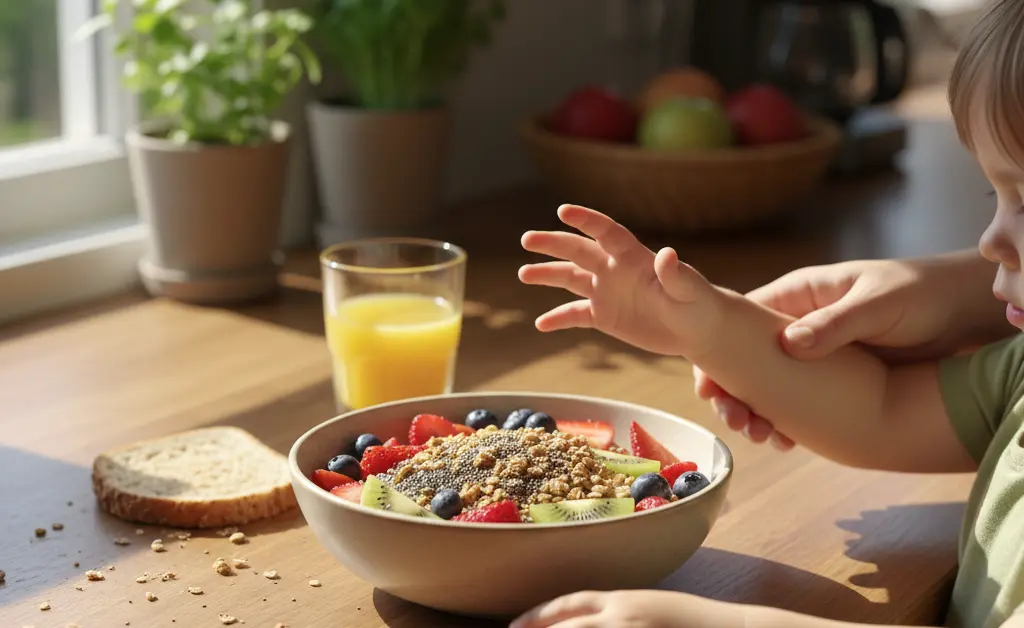 A parent gently offers a small, child-friendly serving of a healthy snack, perhaps a smoothie or oatmeal, with the subtle presence of lion's mane mushroom extract, signifying support for a child's focus, representing the potential benefits of lion's mane mushroom for kids.