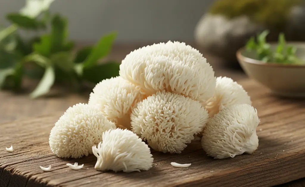 A close-up, beautifully lit shot showcasing the natural beauty of lion's mane mushroom for menopause, with soft focus background elements suggesting wellness.