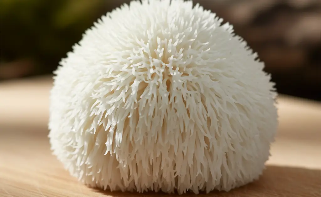 A macro photograph showcasing the intricate, white, cascading tendrils of a lion's mane mushroom, representing the potential of lion's mane mushroom for nerve regeneration.