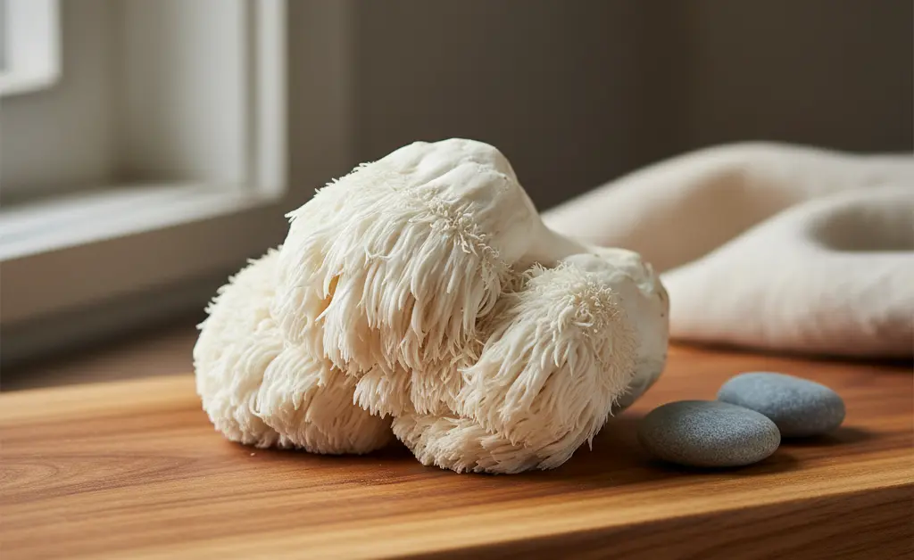 A visually appealing arrangement showcasing the potential benefits of lion's mane mushroom for sleep, with soft lighting.