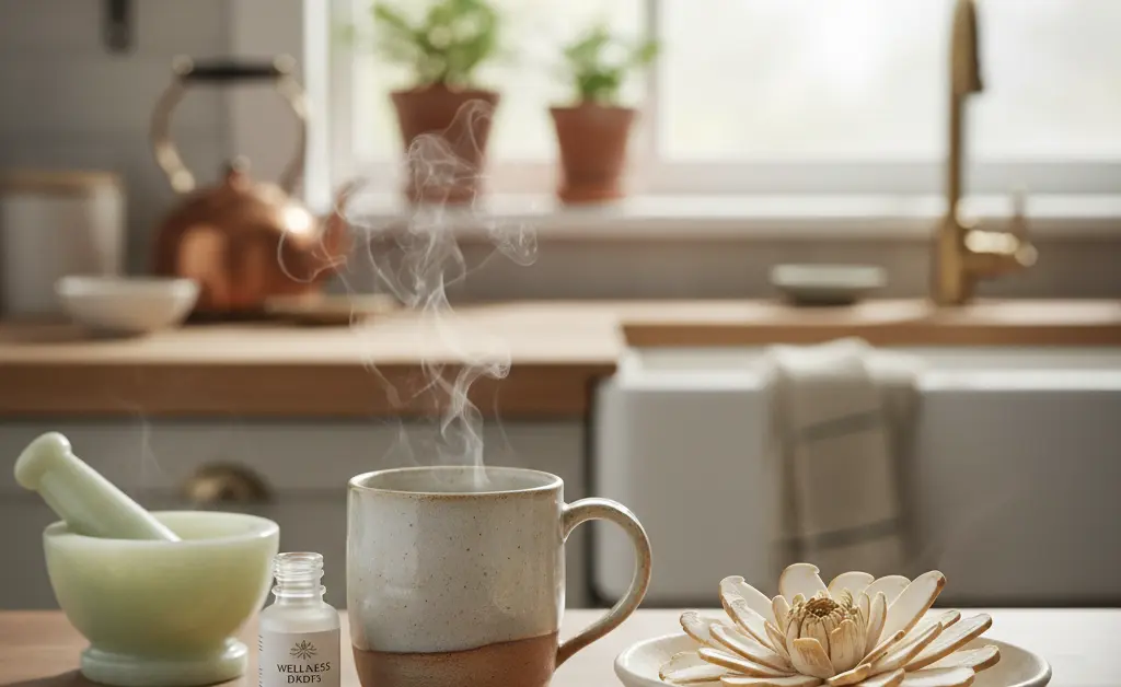 A person thoughtfully preparing a calm evening ritual, with focus on the calming presence of lion's mane mushroom for stress relief.
