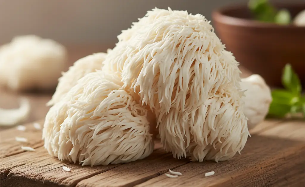 A close-up, editorial photograph showcases the complex, textured appearance of lion's mane mushroom for testosterone, suggesting a natural approach to wellness.