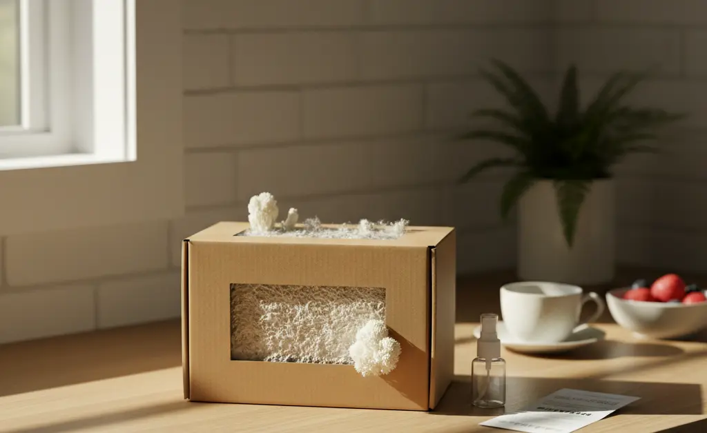 A beginner-friendly lion's mane mushroom grow kit displayed on a clean kitchen counter.