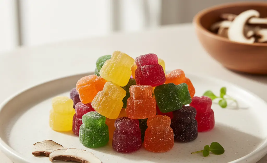 A clear close-up shot showcases several delicious lion's mane mushroom gummies, appearing as vibrant and tempting treats.